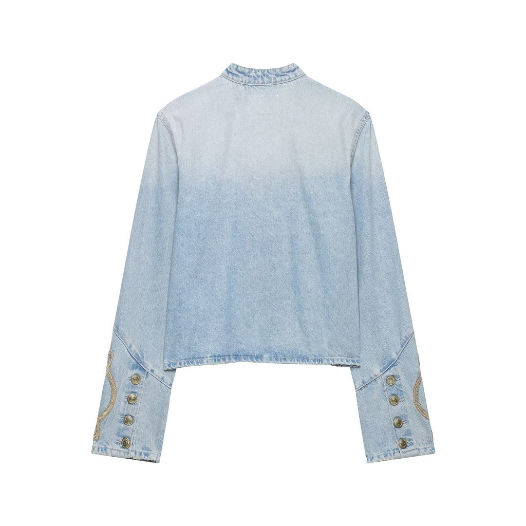 Casual knot button decoration stand collar denim jacket for women