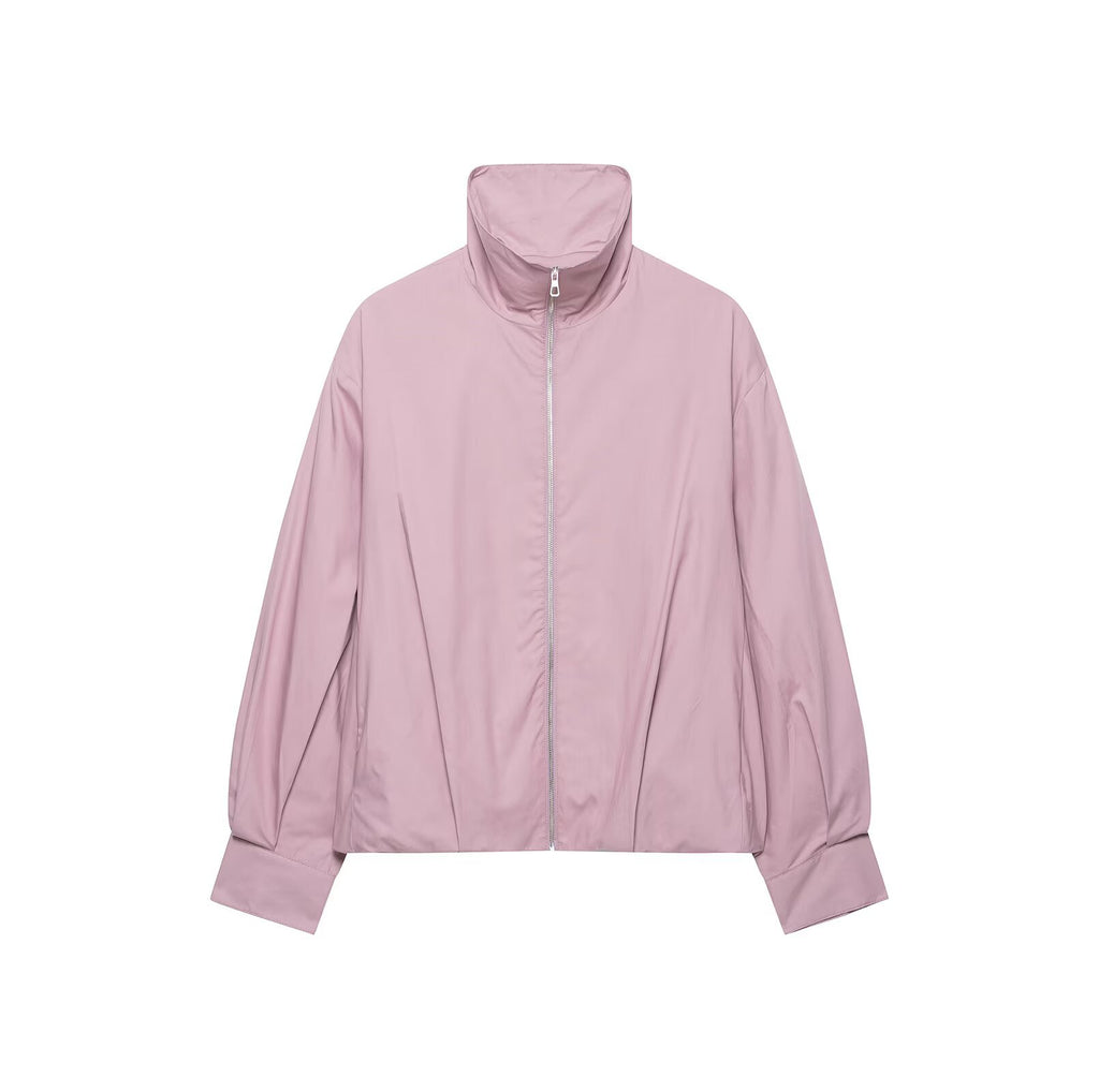 Loose zipper stand up collar solid color jacket