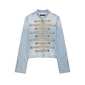 Casual knot button decoration stand collar denim jacket for women