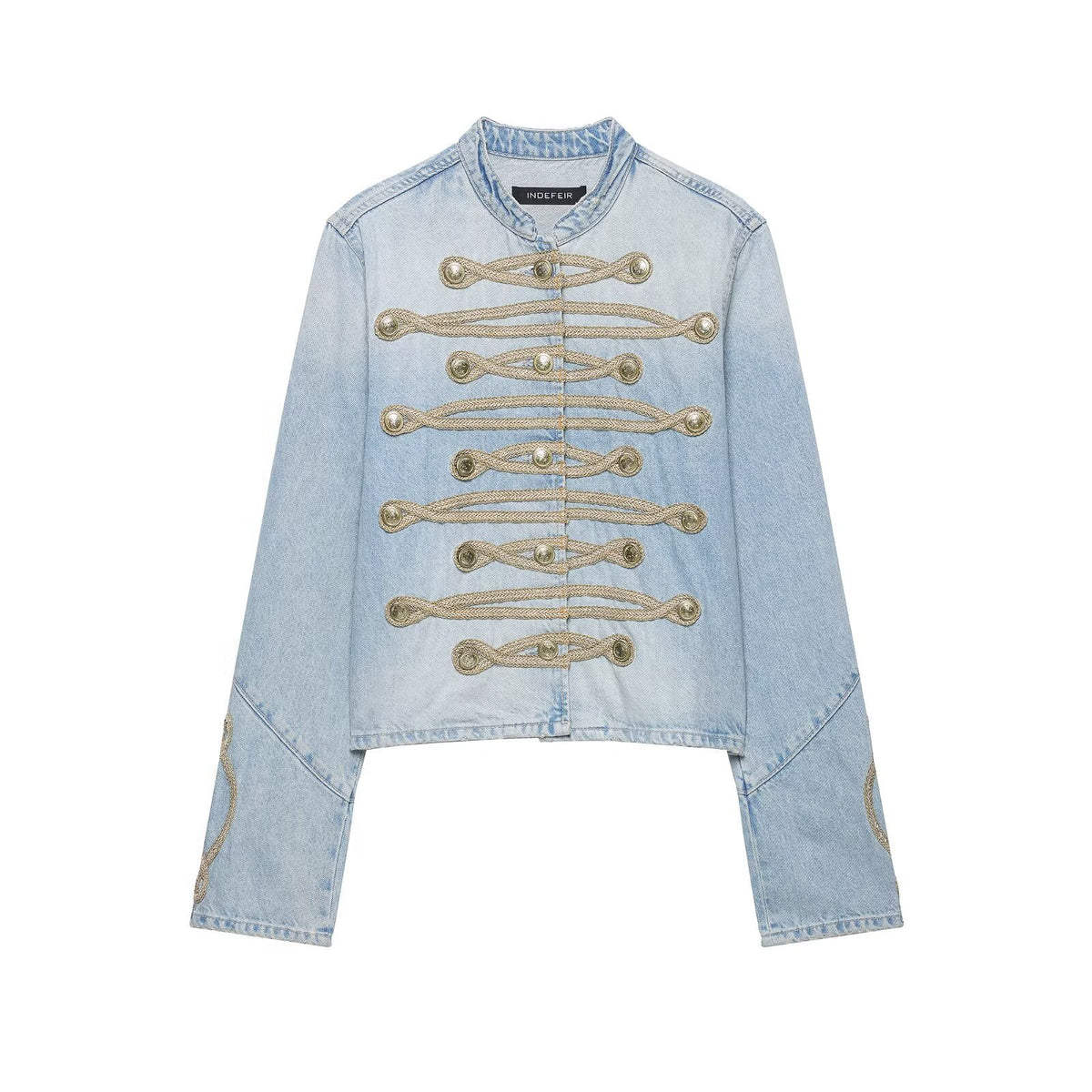 Casual knot button decoration stand collar denim jacket for women