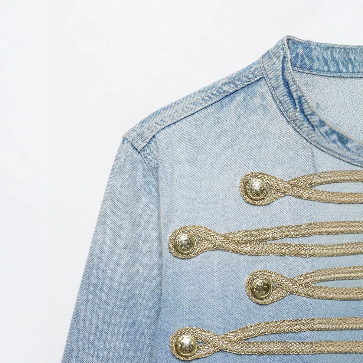 Casual knot button decoration stand collar denim jacket for women