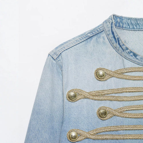 Casual knot button decoration stand collar denim jacket for women