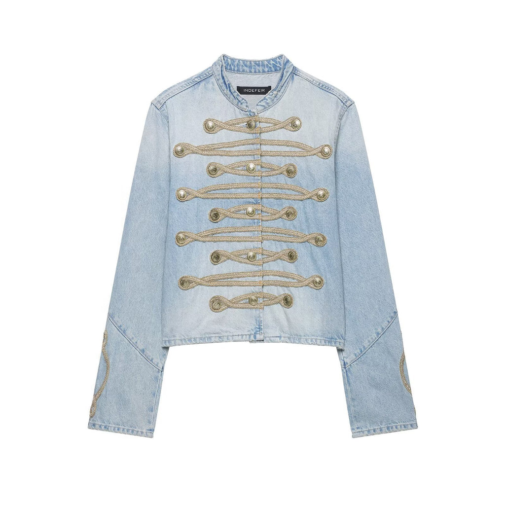 Casual knot button decoration stand collar denim jacket for women